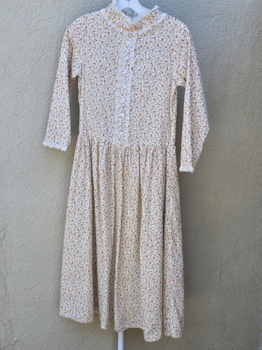 Floral Ruffle Neck Long Sleeve Women's Dress - Cream with Orange Floral